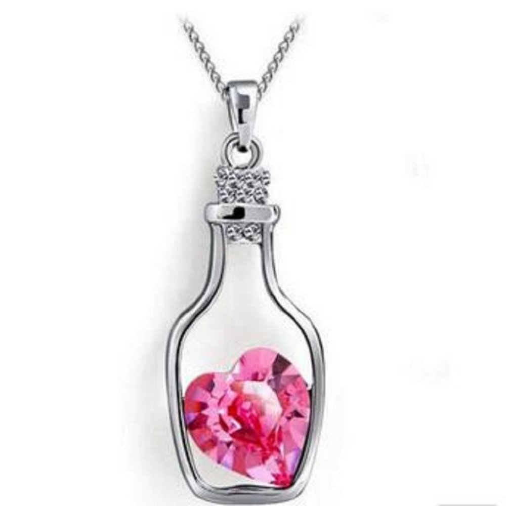 Fifth Avenue Pink Heart Crystal in Retro Bottle Silver Tone Pendant Necklace